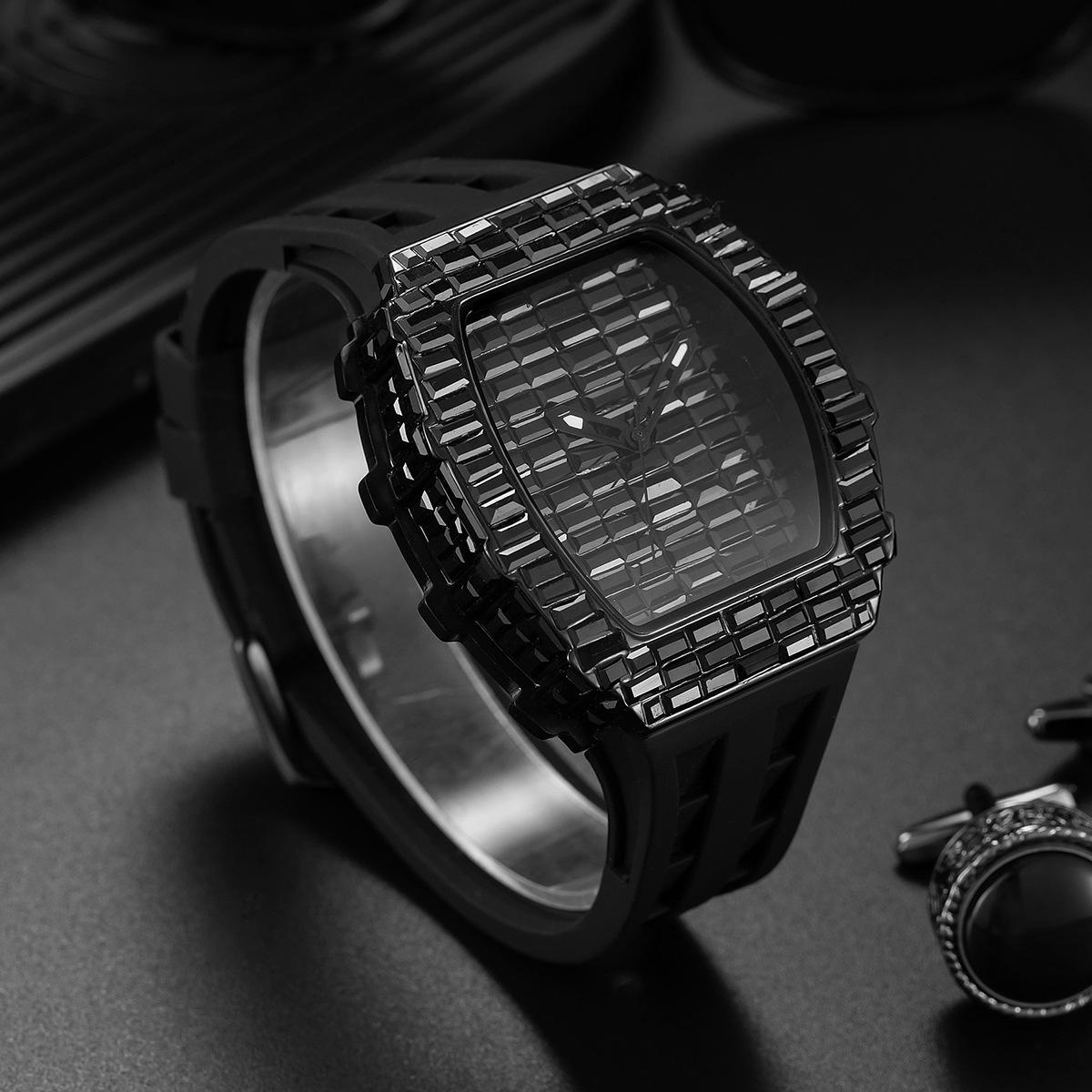 Mens Watch live broadcast popular wine barrel type T square diamond personalized fashion hip-hop silicone strap watch