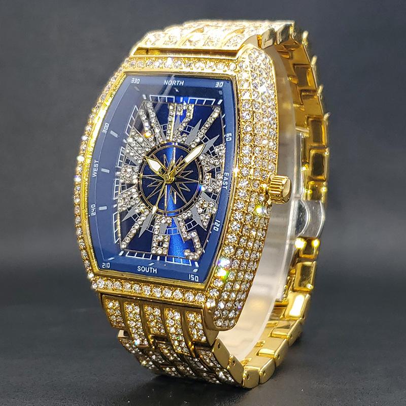 Men's Full Diamond Hip-Hop Quartz Watch | Barrel-Shaped Black Dial, Stylish Rap-Inspired Timepiece