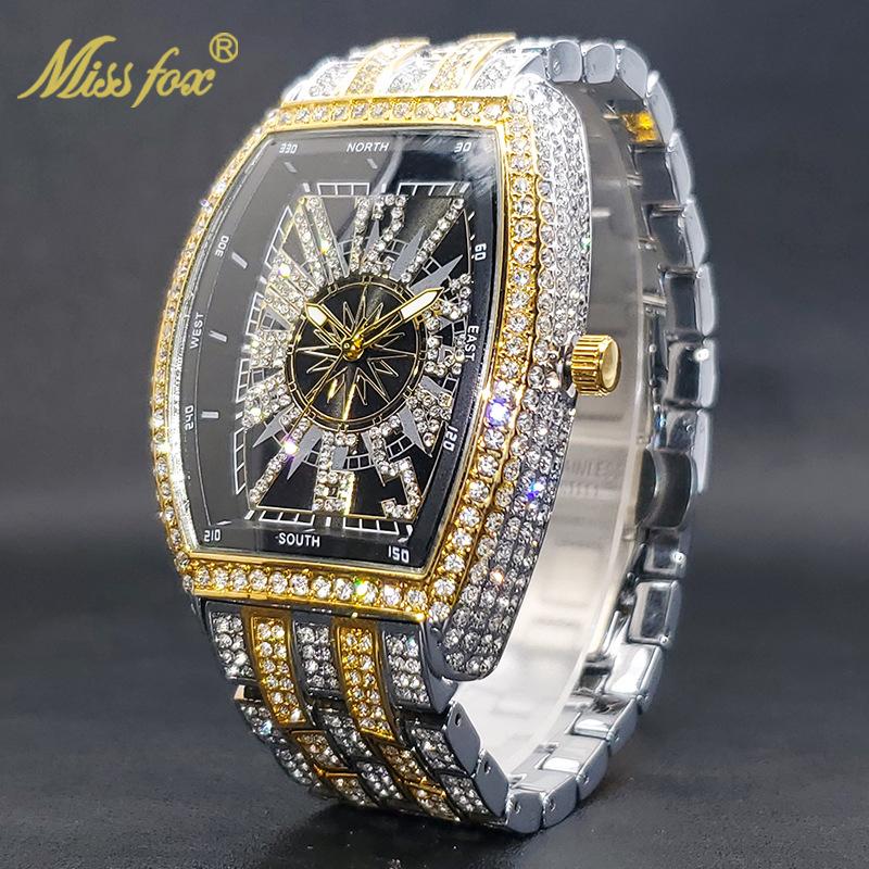 Men's Full Diamond Hip-Hop Quartz Watch | Barrel-Shaped Black Dial, Stylish Rap-Inspired Timepiece
