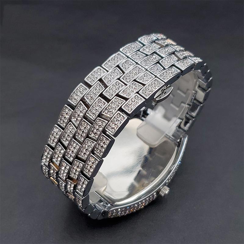 Men's Full Diamond Hip-Hop Quartz Watch | Barrel-Shaped Black Dial, Stylish Rap-Inspired Timepiece