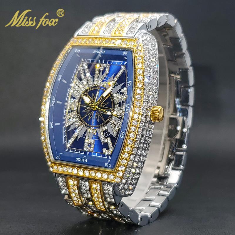 Men's Full Diamond Hip-Hop Quartz Watch | Barrel-Shaped Black Dial, Stylish Rap-Inspired Timepiece