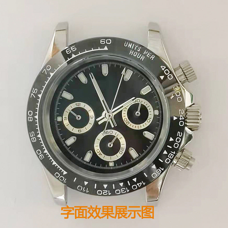 Alternative Daytona 304 Stahl, schwarzer Stahlrand, 40 mm, Sechs-Stift-Quarzgehäuse, Zifferblatt, Zeigersatz, passend für VK63-Maschine