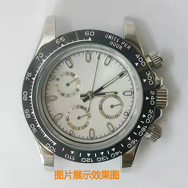 Alternative Daytona 304 Stahl, schwarzer Stahlrand, 40 mm, Sechs-Stift-Quarzgehäuse, Zifferblatt, Zeigersatz, passend für VK63-Maschine