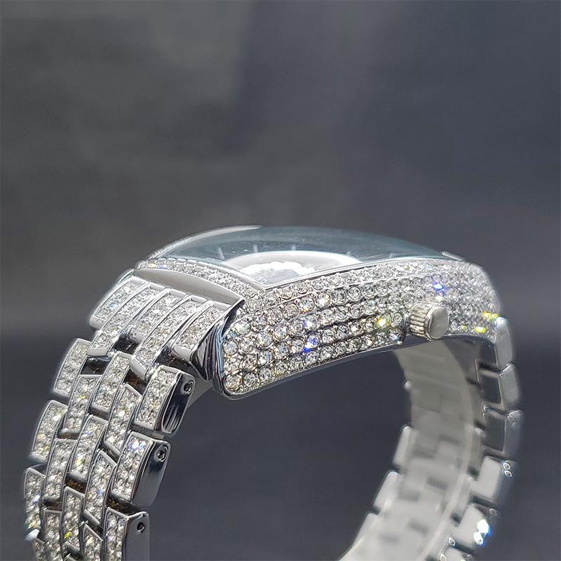 Men's Full Diamond Hip-Hop Quartz Watch | Barrel-Shaped Black Dial, Stylish Rap-Inspired Timepiece