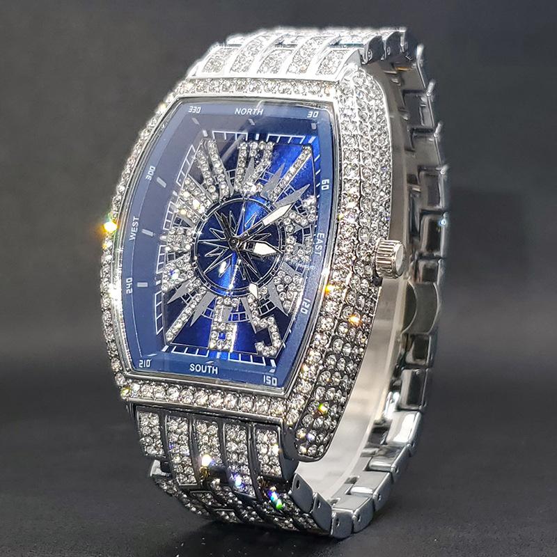 Men's Full Diamond Hip-Hop Quartz Watch | Barrel-Shaped Black Dial, Stylish Rap-Inspired Timepiece