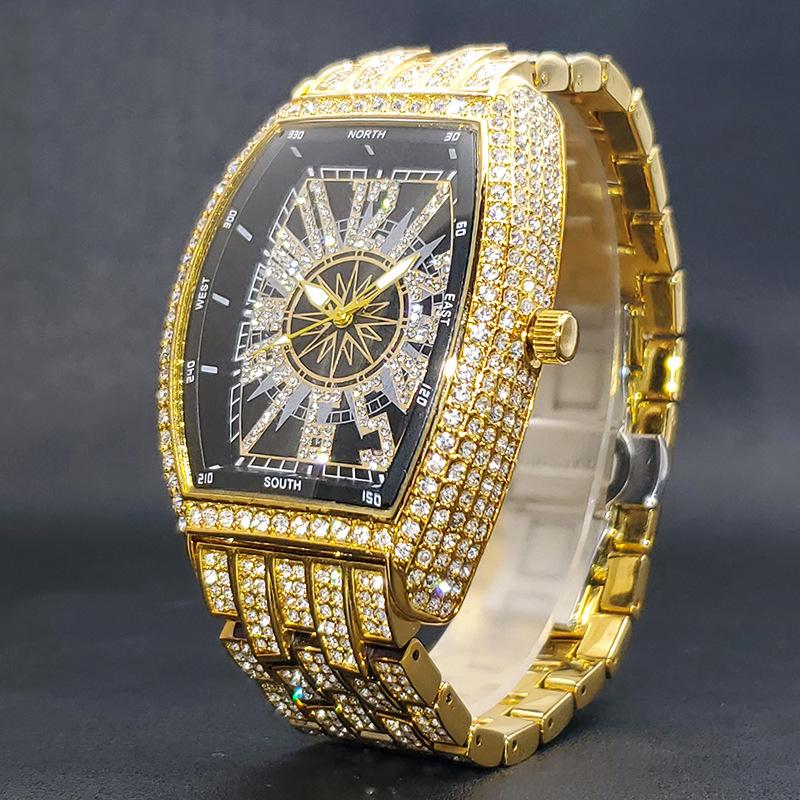 Men's Full Diamond Hip-Hop Quartz Watch | Barrel-Shaped Black Dial, Stylish Rap-Inspired Timepiece
