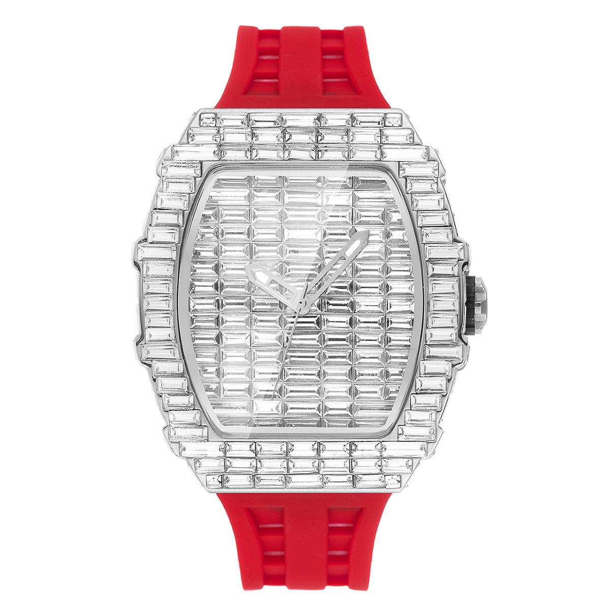 Mens Watch live broadcast popular wine barrel type T square diamond personalized fashion hip-hop silicone strap watch