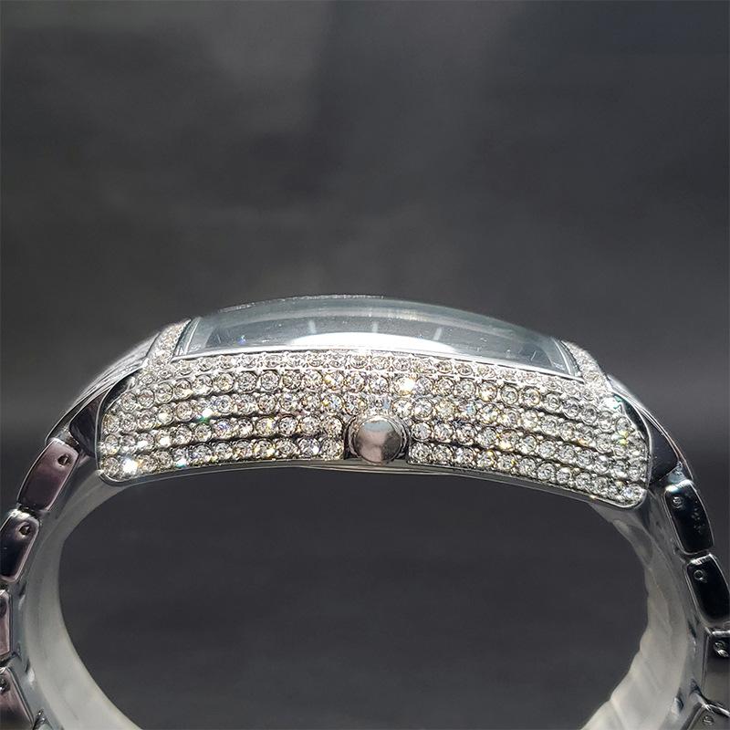 Men's Full Diamond Hip-Hop Quartz Watch | Barrel-Shaped Black Dial, Stylish Rap-Inspired Timepiece