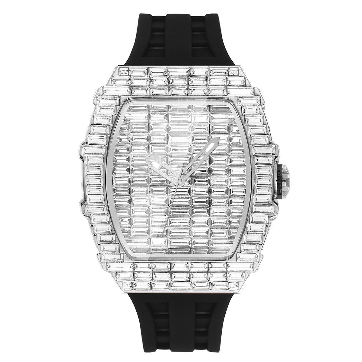 Mens Watch live broadcast popular wine barrel type T square diamond personalized fashion hip-hop silicone strap watch