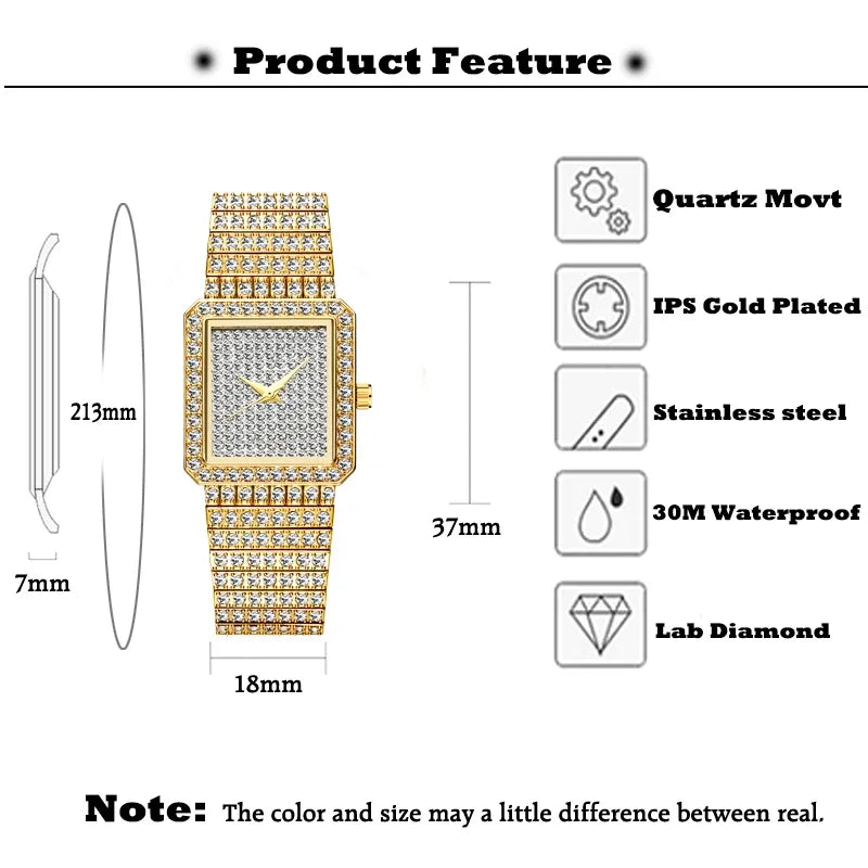 Luxury Gold Women's Watches Fashion Hip Hop Iced Diamond Jewelry Waterproof Square WristWatch Ladies Gift