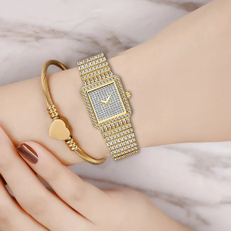 Luxury Gold Women's Watches Fashion Hip Hop Iced Diamond Jewelry Waterproof Square WristWatch Ladies Gift