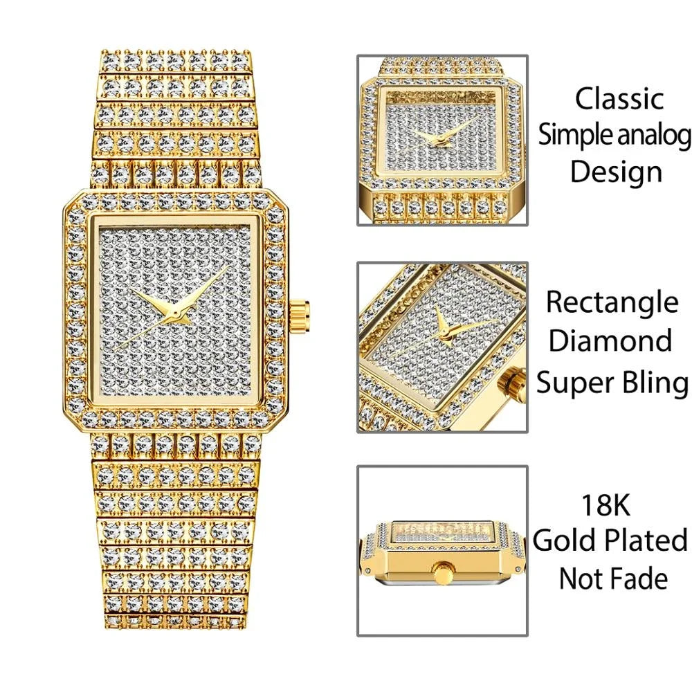 Luxury Gold Women's Watches Fashion Hip Hop Iced Diamond Jewelry Waterproof Square WristWatch Ladies Gift