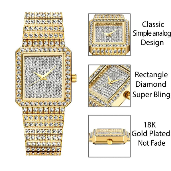 Luxury Gold Women's Watches Fashion Hip Hop Iced Diamond Jewelry Waterproof Square WristWatch Ladies Gift