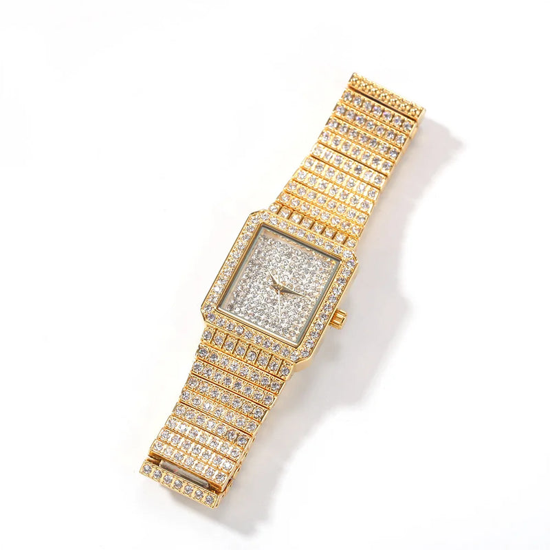 Luxury Gold Women's Watches Fashion Hip Hop Iced Diamond Jewelry Waterproof Square WristWatch Ladies Gift