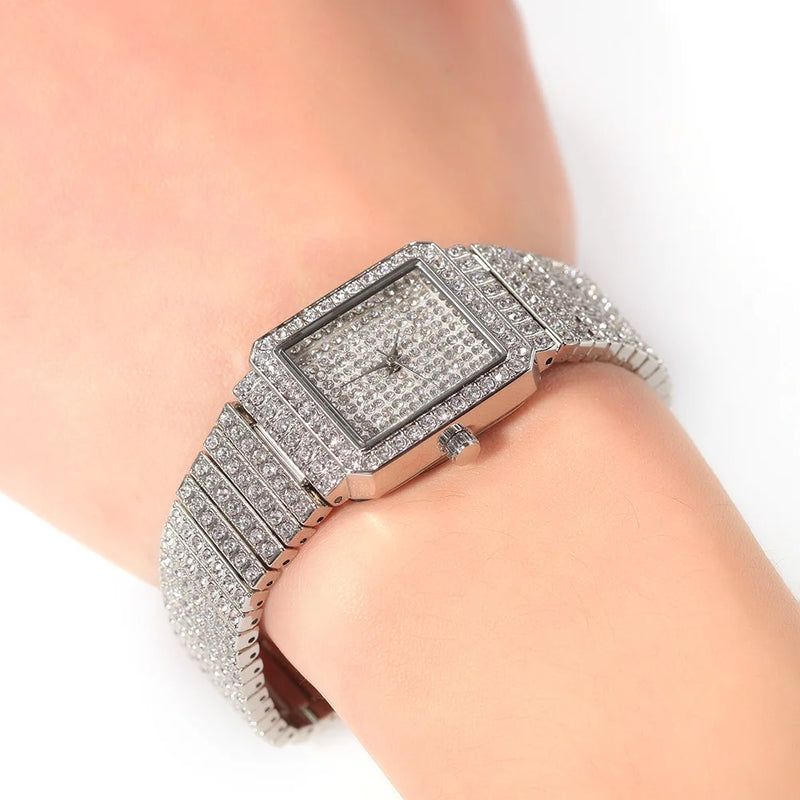 Luxury Gold Women's Watches Fashion Hip Hop Iced Diamond Jewelry Waterproof Square WristWatch Ladies Gift