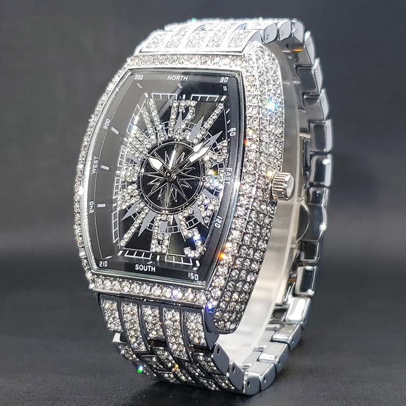 Men's Full Diamond Hip-Hop Quartz Watch | Barrel-Shaped Black Dial, Stylish Rap-Inspired Timepiece