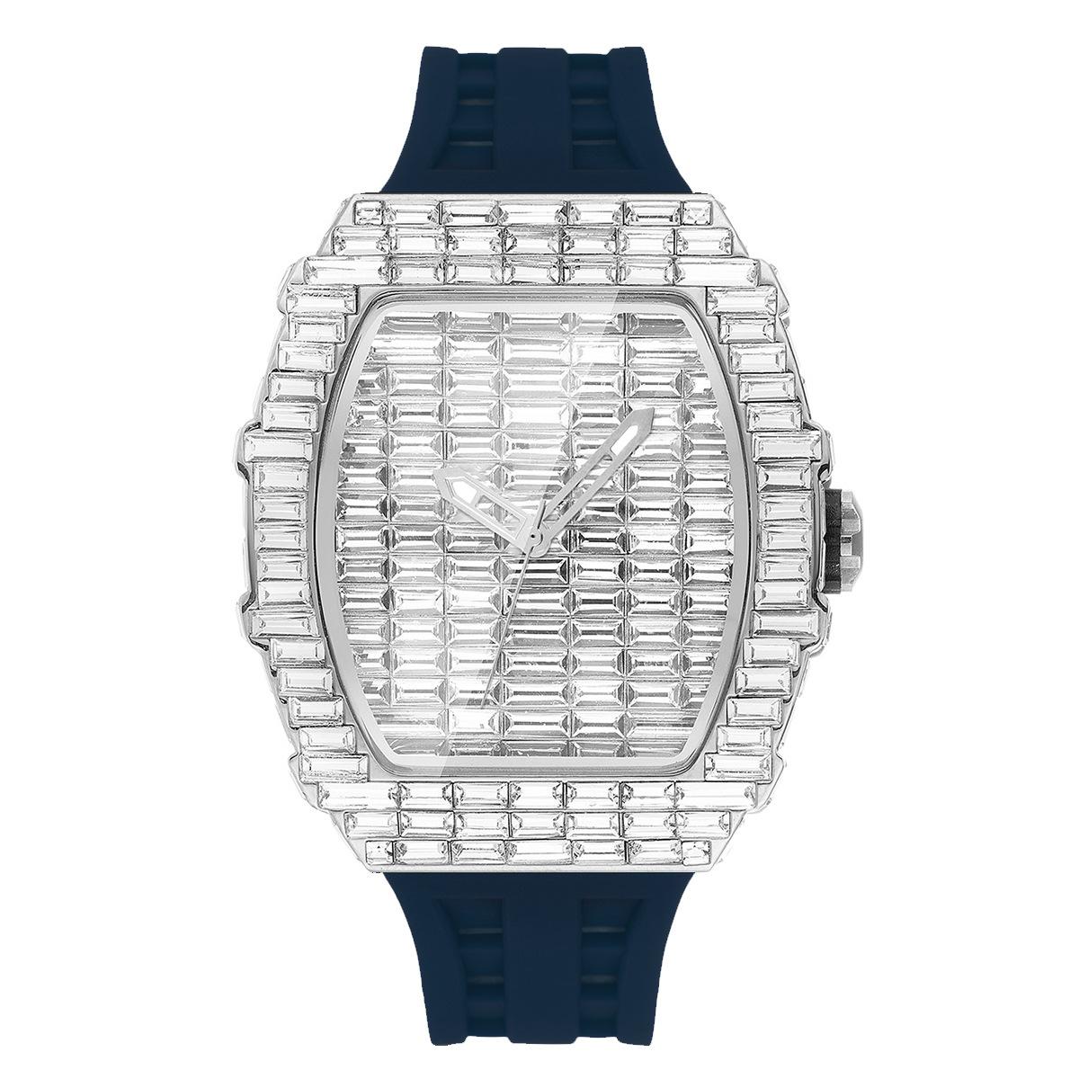 Mens Watch live broadcast popular wine barrel type T square diamond personalized fashion hip-hop silicone strap watch